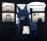  1girl ahoge ai-generated_art_(topic) animal_ears ash_baby_(meme) black_cloak black_gloves black_pants blue_hair brown_dress brown_hair bulletproof_vest cloak commission crossed_bangs demon_horns dress fox_ears fox_tail gloves hair_between_eyes highres holding holding_tablet_pc horns indoors karepack long_hair looking_at_viewer meme messy_hair military_vehicle monitor motor_vehicle open_mouth original pants pouch purple_eyes sitting sweatdrop tablet_pc tail tank very_long_hair 