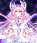  1girl absurdres amphoreus_(honkai:_star_rail) breasts bridal_gauntlets chinese_commentary commentary_request cyrene_(demiurge)_(honkai:_star_rail) cyrene_(honkai:_star_rail) diamond-shaped_pupils diamond_(shape) dress earrings halo highres honkai:_star_rail honkai_(series) jewelry large_breasts long_hair looking_at_viewer mobeinanqi180 mobius_strip multicolored_hair pink_hair pointy_ears purple_eyes sky solo star_(sky) starry_sky symbol-shaped_pupils two-tone_hair very_long_hair white_dress white_hair 