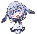  1girl :3 :d animal_ears asagi501 badge black_bow black_bowtie black_trim blue_eyes blue_pupils bow bow_legwear bowtie button_badge chibi commentary_request dress ears_down flat_chest frilled_dress frills full_body hands_up head_tilt highres looking_at_viewer medium_hair open_mouth original rabbit_ears rabbit_girl short_dress short_sleeves simple_background sitting smile solo straight-on thighhighs vrchat wariza white_background white_dress white_hair white_thighhighs 