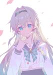  1girl absurdres alternate_eye_color aqua_hair aqua_pupils black_hairband blue_eyes buttons commentary_request dodder7777 double-breasted falling_petals firefly_(honkai:_star_rail) firefly_(spring_missive)_(honkai:_star_rail) frown gradient_hair grey_hair grey_sailor_collar grey_skirt hair_between_eyes hair_intakes hairband hand_up highres honkai:_star_rail honkai_(series) long_hair long_sleeves looking_at_viewer midriff_peek multicolored_hair name_tag official_alternate_costume petals pointing pointing_at_self sailor_collar school_uniform serafuku shirt simple_background skirt solo untucked_shirt upper_body very_long_hair white_background white_shirt 