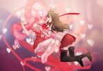  2girls absurdres arrow_(symbol) artist_request barefoot black_hair black_thighhighs blush carrying commission commissioner_upload embarrassed hairband hand_on_another's_shoulder happy heart highres lilim_(sakura_cupid) mitsuki_(sakura_cupid) multiple_girls non-web_source one_eye_closed pink_eyes pink_hair plaid_clothes plaid_skirt princess_carry red_hairband red_ribbon ribbon sakura_cupid skirt spoken_heart thighhighs v wings yuri 