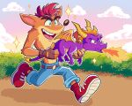  2boys bandicoot_boy blue_pants breath_weapon breathing_fire carrying claws commentary crash_bandicoot crash_bandicoot_(series) dragon_boy dragon_horns dragon_tail dragon_wings english_commentary fire furry furry_male highres horns looking_to_the_side male_focus manysart1 multiple_boys orange_fur pants purple_scales red_hair smile sparkle spyro_(series) spyro_the_dragon tail wings 