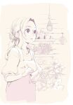  1girl aerith_gainsborough alternate_costume apron breasts commentary_request final_fantasy final_fantasy_vii florist flower flower_shop hair_ribbon highres holding holding_notepad holding_pen notepad parted_bangs parted_lips pen ponytail ribbon ringon sepia shop sidelocks sleeves_rolled_up small_breasts smile solo upper_body 