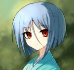  1girl aqua_kimono ayane_ichijou blue_hair blunt_ends blurry blurry_background eyes_visible_through_hair green_background highres japanese_clothes kimono light_smile looking_at_viewer looking_to_the_side loose_hair_strand orange_eyes pandemonic_planet_(wmzplanet) portrait short_hair solo soukou_akki_muramasa 