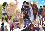  1girl 2boys aged_down ahoge animal armor black_hair blonde_hair blue_sky braid braided_ponytail brothers cape child closed_eyes cloud colored_inner_hair crown day eleanor_of_aquitaine_(fate) fate/grand_order fate_(series) flower flower_ornament grass green_eyes hair_flower hair_ornament highres holding holding_animal holding_reins holding_stick horse horseback_riding john_lackland_(fate) long_hair male_focus medium_hair mother_and_child mother_and_son multicolored_hair multiple_boys multiple_views open_mouth orange_eyes orange_hair outdoors pants parent_and_child purple_hair red_eyes red_streaks reins richard_i_(fate) riding saddle shirt siblings single_braid sky smile stick stirrups_(riding) streaked_hair sweatdrop tsengyun turtleneck two-tone_hair vest welsh_corgi 