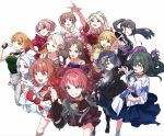  36c_u.b.u_(idolmaster) 6+girls ahoge amaya_tsubame arimura_mao armpits atmosphere_(idolmaster) black_dress black_hair blonde_hair blue_dress blue_eyes blue_hair braid braided_bangs braided_sidelocks breasts brown_hair clothing_cutout collarbone colored_eyelashes commentary dress earrings everyone eye: fingerless_gloves flower fujita_kotone full_body gakuen_idolmaster gloves gradient_hair green_eyes green_hair grey_pants hair_bun hair_over_one_eye hair_ribbon hanami_saki hanami_ume hataya_misuzu heart highres himesaki_rinami hip_vent holding_another's_wrist idolmaster ittai_itsukara_(idolmaster) jewelry jiko_koutei_kan_baku_age_shuki_shuki_song_(idolmaster) juo_sena katsuragi_lilja kaya_rinha kuramoto_china looking_at_viewer love_&amp;_joy_(idolmaster) masshiroi_page_to_suisai_no_shujinkou_(idolmaster) mite_(idolmaster) multicolored_hair multiple_girls necklace official_alternate_costume one_eye_closed open_mouth orange_hair pants parted_bangs pink_dress pink_hair ponytail purple_dress purple_hair red_dress red_flower red_hair ribbon ribbon_in_braid running sekirara_(idolmaster) shinosawa_hiro shiun_sumika shoes short_hair shoshikantetsu_(idolmaster) sidelocks simple_background single_braided_sidelock small_breasts smile sora_to_yakusoku_(idolmaster) spiked_wristband standing sunfaded_(idolmaster) swept_bangs teeth tsukimura_temari twintails two_side_up upper_teeth_only v v_over_eye veil_(idolmaster) white_background white_dress white_hair white_shoes wildest_flower_(idolmaster) yellow_dress yellow_eyes 