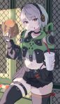  1girl :t absurdres anby_demara black_gloves black_skirt black_thighhighs blue_eyes blush braid burger chain-link_fence commentary_request cowboy_shot cup disposable_cup eating fast_food fence fingerless_gloves food food_on_face gekikara_gogo gloves green_sleeves grey_hair headphones highres holding holding_burger holding_food jacket looking_at_viewer navel orange_eyes pout short_hair skirt solo thick_thighs thighhighs thighs zenless_zone_zero 