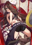  1girl absurdres ass bare_arms blue_eyes brown_hair crop_top feet from_behind hair_over_one_eye highres long_hair looking_back lying mask mask_on_head nahaki on_stomach soles solo toes 