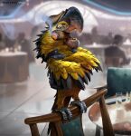  2022 absurd_res anthro avian beak bird blurred_background chair cigar cigar_in_mouth clothing crossed_arms digital_media_(artwork) feathered_wings feathers feet furniture glass hat headgear headwear hi_res inside jacket looking_aside male object_in_mouth parrot smile solo standing table tail talons teeth toes tommy_kinnerup topwear wings year_zero_(movie) yellow_body yellow_feathers 