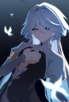  1girl ahoge artist_name backlighting black_background black_dress blue_eyes blue_hair blue_pupils blush bug butterfly closed_mouth clothing_cutout commentary_request cowboy_shot dress drill_hair drill_sidelocks drop-shaped_pupils eyelashes fireflies focalors_(genshin_impact) genshin_impact glowing_butterfly gold_trim hair_between_eyes hand_on_own_chest hand_up heart_cutout heterochromia huge_ahoge juliet_sleeves long_hair long_hair_between_eyes long_sleeves looking_at_viewer mismatched_pupils multicolored_hair puffy_sleeves rai09_07 sidelocks smile solo standing symbol-shaped_pupils two-tone_dress two-tone_hair very_long_hair white_dress white_hair 