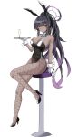  1girl absurdres animal_ear_hairband animal_ears aqua_bow aqua_bowtie black_hair black_leotard blue_archive bow bowtie breasts champagne_flute cup dark-skinned_female dark_skin detached_collar drinking_glass fake_animal_ears fishnet_pantyhose fishnets gloves hairband halo highres karin_(blue_archive) karin_(bunny)_(blue_archive) large_breasts leotard long_hair mili_mli number_tattoo official_alternate_costume pantyhose playboy_bunny purple_halo rabbit_ears rabbit_tail simple_background sitting solo stool strapless strapless_leotard tail tattoo traditional_bowtie tray white_background white_gloves wrist_cuffs yellow_eyes 