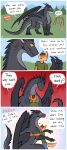 4_panel_comic absurd_res anthro ball bench black_body black_scales blue_eyes bodily_fluids brown_hair canid canine clothing comic content crying darkdraconica darky_(darkdraconica) dave_(darkdraconica) dialogue dragon duo english_text evil_look eyes_closed female feral fox green_clothing green_shirt green_topwear hair heart_symbol hi_res hug larger_female larger_feral lonely long_neck looking_at_own_hand male mammal membrane_(anatomy) membranous_wings multiple_scenes mythological_creature mythological_scalie mythology neck_spikes orange_body outside park purring quadruped sad scales scalie shirt size_difference smaller_anthro smaller_male speech_bubble swing tail talking_feral tears tears_of_joy text the_truth topwear wings yellow_eyes