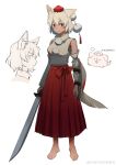  1girl absurdres animal_ears animalization barefoot chinese_commentary chinese_text closed_mouth commentary_request detached_sleeves dog dou_(doudouzi) expressionless from_side hair_between_eyes hat highres holding holding_sword holding_weapon inubashiri_momiji looking_at_viewer multiple_views person_and_animalization pom_pom_(clothes) red_eyes red_hat red_skirt shirt short_hair simple_background skirt sleeveless sleeveless_shirt sword tail tokin_hat touhou translated weapon white_background white_hair white_shirt wolf_ears wolf_girl wolf_tail 