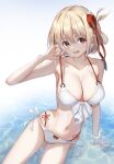  1girl :d absurdres arm_up armpits bangs bikini blonde_hair blush bob_cut bracelet breasts cleavage collarbone front-tie_bikini_top front-tie_top hair_ribbon highres jewelry large_breasts layered_bikini leaning_to_the_side looking_at_viewer lycoris_recoil navel nishikigi_chisato o-ring one_side_up open_mouth pulled_by_self red_eyes red_ribbon ribbon short_hair side-tie_bikini_bottom sitting smile strap_pull swimsuit wata0933 water 