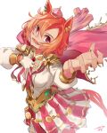  1girl absurdres animal_ears armor breasts cape commentary_request crown fingerless_gloves gloves gold_corset hair_between_eyes highres horse_ears horse_girl horse_tail jewelry long_sleeves looking_at_viewer mini_crown multiple_rings open_mouth orange_hair orange_tail pink_cape pink_crown purple_eyes ring sasami_oishine shirt short_hair shoulder_armor single_fingerless_glove skirt smile solo t.m._opera_o_(o_sole_suo!)_(umamusume) t.m._opera_o_(umamusume) tail teeth two-tone_skirt umamusume white_shirt 