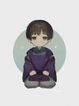  1boy axis_powers_hetalia blue_kimono blunt_bangs brown_eyes brown_hair chibi chibi_only clenched_hands closed_mouth detached_sleeves empty_eyes expressionless full_body grey_hakama grey_pants hakama hakama_pants half-closed_eyes highres japan_(hetalia) japanese_clothes kariginu kimono long_sleeves looking_at_viewer male_focus nononowu0 pants purple_sleeves seiza short_hair simple_background sitting solo white_background wide_sleeves 