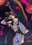  1girl baggy_pants bangs bare_shoulders black_hair bracelet breasts chinese_clothes drill_hair dudou fingerless_gloves gloves grin hair_horns halterneck han_juri highres jewelry large_breasts long_hair looking_at_viewer mhk_(mechamania) multicolored_hair navel pants pink_hair purple_eyes smile solo spiked_bracelet spikes streaked_hair street_fighter street_fighter_6 thighs toeless_legwear twin_drills white_pants 