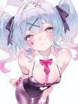  >_< 1girl absurdres animal_ears animal_hair_ornament arm_ribbon bare_shoulders black_leotard black_ribbon blue_eyes blue_hair blush bow bowtie chestnut_mouth clothing_cutout commentary_request cuffs cutout_above_navel detached_collar eyelashes eyeshadow facial_mark fake_animal_ears gradient_hair hair_ornament hair_ribbon handcuffs hatsune_miku head_tilt heart_cutout highres leaning_forward leotard long_eyelashes looking_at_viewer makeup multicolored_hair necktie pantyhose parted_lips pink_bow pink_eyeshadow pink_hair pink_necktie pink_pupils pink_ribbon pink_streaks playboy_bunny rabbit_ears rabbit_hole_(vocaloid) riara_(lial_artistic) ribbon short_necktie solo streaked_hair teardrop_facial_mark twintails two-tone_hair vocaloid x_hair_ornament 