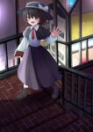  1girl absurdres black_boots black_capelet black_hat black_skirt book boots bow brown_eyes brown_hair capelet collared_shirt commentary_request full_body guminemi hat hat_bow highres holding holding_book long_sleeves looking_at_viewer necktie open_mouth outdoors red_necktie shirt shirt_tucked_in skirt smile solo stairs touhou usami_renko waving white_bow white_shirt 
