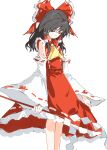  1girl absurdres ascot askeladd6713 bow brown_eyes brown_hair chinese_commentary commentary_request detached_sleeves frilled_bow frilled_hair_tubes frills gohei hair_bow hair_tubes hakurei_reimu highres holding holding_gohei long_hair looking_down red_bow red_skirt ribbon-trimmed_sleeves ribbon_trim simple_background skirt skirt_set solo touhou white_background yellow_ascot 