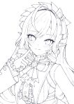  1girl absurdres ahoge blush bow bowtie breasts commentary_request drill_hair finger_to_cheek gem greyscale hairband highres large_breasts long_hair long_sleeves looking_at_viewer mole mole_under_eye monochrome pointy_ears red_bow red_bowtie shrug_(clothing) simple_background solo tama_es45_nyan vivian_banshee white_background zenless_zone_zero 