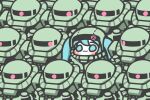  1girl :3 absurdres blue_eyes blue_hair blush chibi chibi_only closed_mouth commentary_request cosplay gundam hatsune_miku highres korean_commentary looking_at_another looking_to_the_side miyaoo1224 mobile_suit mobile_suit_gundam one-eyed_mecha red_eyes sd_gundam sideways_glance smile solid_circle_eyes twintails vocaloid zaku_ii zaku_ii_(cosplay) 