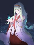  1girl absurdres blue_butterfly bug butterfly cupping_hands floating_hair green_hair hairband hakama heaven_burns_red highres japanese_clothes kosode long_hair miko murofushi_risa murofushi_risa_(tonight_under_the_cherry_blossoms'_brilliance) own_hands_together purple_eyes red_hakama umibudou051450 white_kosode 