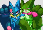 2026 3_toes ambiguous_gender anthro black_body black_fur blue_body blue_ears blue_fur cat_smile duo feet flower_(anatomy) foot_focus fur generation_4_pokemon generation_9_pokemon green_body green_fur hand_holding hi_res lucario mask meowscarada meowscaradameow nintendo open_mouth pawpads paws pink_eyes pink_nose pokemon pokemon_(species) red_eyes spikes toes yellow_body yellow_fur