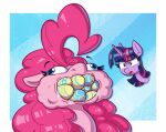 anontheanon bodily_fluids cheek_bulge confusion drooling duo earth_pony easter egg equid equine female feral friendship_is_magic hasbro hi_res holidays horn horse mammal my_little_pony mythological_creature mythological_equine mythology pinkie_pie_(mlp) pony saliva simple_background twilight_sparkle_(mlp) unicorn