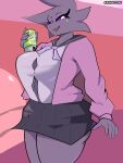 3:4 absurd_res anthro beverage big_breasts breasts canid canine canis clothing demon female heart_symbol hi_res kamino1 lobina_(kamino1) mammal purple_body purple_eyes school_uniform sleepy_demon soda solo uniform wolf