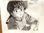  1boy absurdres acco_oekaki braid chinese_clothes commentary_request graphite_(medium) greyscale hand_on_own_arm highres male_focus monochrome open_mouth photo_(medium) ranma_1/2 saotome_ranma saotome_ranma_(male) single_braid solo traditional_media 