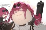  1boy 1girl black_jacket cleft_chin cosplay english_text eyewear_on_head family_guy fat fat_man gloves gun highres holding holding_gun holding_weapon honkai:_star_rail honkai_(series) jacket kafka_(honkai:_star_rail) kafka_(honkai:_star_rail)_(cosplay) kowai_(iamkowai) long_hair parted_lips peter_griffin pink_pupils purple_eyes purple_gloves purple_hair round_eyewear shirt speech_bubble spider_web_print sunglasses weapon white_shirt 