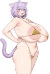  1girl ahoge alternate_costume animal_ear_fluff animal_ears areola_slip armpit_crease bikini breasts cat_ears cat_girl cat_tail chamchami commentary covered_nipples covered_pussy double-parted_bangs fang gigantic_breasts gold_bikini gold_slingshot_swimsuit hair_between_eyes highleg highleg_bikini highres hololive huge_nipples inverted_nipples large_areolae looking_at_viewer micro_bikini navel nekomata_okayu open_mouth purple_eyes purple_hair short_hair slingshot_swimsuit solo swimsuit tail triangle_bikini_top virtual_youtuber 
