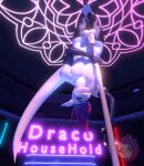 3d_(artwork) abs anthro armwear balls big_balls big_penis blue_eyes clothed clothing dancing digital_media_(artwork) dragon erection genitals hair hi_res humanoid_genitalia humanoid_penis legwear looking_at_viewer male male_stripper mostly_nude muscular muscular_anthro muscular_male mythological_creature mythological_scalie mythology neon_lights neon_sign penis pole pole_dancing purple_hair red_sclera scalie sign smile solo stripper stripper_pole tail text topless topless_anthro topless_male upside_down white_balls white_body white_penis wingless_dragon winter_draco winterdraco