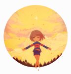  1girl bangs blue_shirt blue_shorts border bridal_veil brown_hair closed_eyes cloud cloudy_sky frisk_(undertale) leaf long_sleeves looking_at_viewer navel orange_sky outdoors outstretched_hand shirt short_hair shorts sky smile soseji_(tjduswjd) standing star_(sky) striped striped_shirt sunset tree undertale veil white_border 