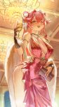  1girl alternate_costume animal_ears artist_glove bag black_gloves breasts champagne_flute chandelier commentary cup dahaidan dress drinking_glass fur_shawl gloves handbag highres holding holding_bag holding_cup hololive hololive_english indoors large_breasts long_hair looking_at_viewer open_mouth panther_ears panther_girl pink_dress pink_hair raora_panthera shawl solo teeth upper_teeth_only virtual_youtuber yellow_eyes 