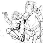  1boy absurdres aiming boots commentary cowboy_boots diego_brando english_commentary gloves greyscale gun gyo_(gin-kyo) handgun helmet highres holding holding_gun holding_weapon horse horseback_riding jodhpurs jojo_no_kimyou_na_bouken long_sleeves male_focus monochrome pants pectorals revolver riding silver_bullet_(jojo) sketch solo spurs star_(symbol) steel_ball_run sweater turtleneck turtleneck_sweater unfinished weapon 
