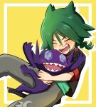  1boy :d affectionate black_jacket blush closed_eyes commentary_request green_hair green_shirt grey_pants hair_between_eyes happy holding holding_pokemon jacket long_hair male_focus open_mouth otakatu_popopo pants pokemon pokemon_(anime) pokemon_(creature) pokemon_horizons sableye shirt smile teeth ult_(pokemon) yellow_background 