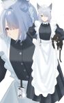  1girl absurdres ak-15_(girls'_frontline) animal animal_ears apron black_cat cat cat_ears dress frilled_apron frills girls'_frontline girls'_frontline_2:_exilium grey_hair hair_over_one_eye highres holding holding_animal holding_cat id_card maid maid_apron maid_headdress mechanical_eyes nekomancer203 shirt single_mechanical_eye voymastina_(girls'_frontline_2) white_apron white_background white_shirt wrist_cuffs 