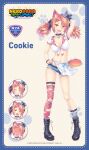  1girl angry animal_collar animal_ear_fluff animal_ear_piercing animal_ears animal_hands apron arm_behind_head bell belt black_belt black_boots black_bow blonde_hair blue_bow blue_socks blush boots bow breasts buckle cat_ears cat_girl cat_tail character_name cleavage closed_eyes collar cookie_(nekopara) copyright_name denim denim_shorts ear_piercing embarrassed fangs fluffy_tail full-face_blush grin hair_ornament hand_on_own_hip hand_up happy hat hat_bow leg_belt medium_hair medium_tail multicolored_fur multicolored_hair name_tag navel neck_bell nekopara nekopara_sekai_connect no_eyes official_art open_mouth orange_eyes orange_fur orange_hair pale_skin paw_print paw_print_background piercing plaid_clothes plaid_thighhighs red_fur red_hair sayori_(neko_works) shirt short_apron short_shorts short_sleeves shorts single_thighhigh smile socks sweat tail teeth thigh_belt thigh_strap thighhighs tied_shirt torn_clothes torn_shorts torn_socks torn_thighhighs twintails upper_teeth_only waist_apron white_apron 