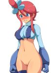  1girl bangs blue_eyes blue_gloves blue_jacket blush bottomless breasts censored clenched_teeth commentary_request cowboy_shot crying gloves hair_between_eyes hair_ornament highres jacket kaimu_(qewcon) mosaic_censoring navel one_side_up pokemon pokemon_(game) pokemon_bw pussy short_hair_with_long_locks sidelocks skyla_(pokemon) solo sweat tears teeth torn_clothes turtleneck 