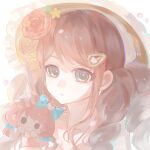  1girl bare_shoulders brown_eyes brown_hair character_doll chinese_commentary closed_mouth collarbone commentary_request dated doll dot_nose drill_hair expressionless eyelashes flower frilled_headwear frown hair_flower hair_ornament hairclip hat highres holding holding_doll infinity_nikki jewelry long_hair necklace nikki_(nikki) nikki_(series) orange_flower orange_rose petals pink_flower pink_rose rose sanwenyuyuzi sidelocks signature simple_background stylist_(nikki) sun_hat tri_tails upper_body white_background white_flower yellow_flower yellow_hat 