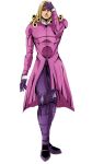  1boy absurdres anime_coloring blonde_hair blue_eyes coat commentary commentary_request curly_hair full_body funny_valentine gloves head_on_hand highres jojo_no_kimyou_na_bouken jojo_pose jojomelhoranim knee_pads long_coat long_hair long_sleeves male_focus official_style pants pink_coat purple_gloves purple_pants simple_background solo spanish_commentary steel_ball_run straight-on white_background 