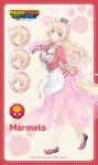  1girl animal_ear_fluff animal_ears animal_hands anklet apron bell blonde_hair blush breasts buttons cat_ears cat_girl cat_paws cat_tail character_name chinese_text cleavage closed_eyes closed_mouth clothing_request copyright_name curled_fingers curly_hair dress expressionless fluffy_tail green_eyes half-closed_eyes hand_up jewelry long_hair looking_at_viewer marmelo_(nekopara) multicolored_dress name_tag necklace nekopara nekopara_sekai_connect official_art open_mouth pale_skin paw_print paw_print_background red_shoes sayori_(neko_works) semi-transparent_dress shoes smile tail waist_apron white_apron 