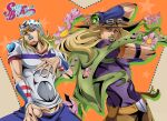  2boys absurdres araki_hirohiko_(style) arm_up arm_warmers armband ball beanie belt belt_buckle blonde_hair blue_arm_warmers blue_eyes blue_lips blue_nails blue_pants brown_belt brown_hat brown_pants buckle cape facial_hair fingernails flower goggles goggles_on_headwear gold_teeth green_cape green_lips gyro_zeppeli hat heart_ornament highres holding holding_ball holster hood hood_down hoodie horse_print horseshoe_hat_ornament horseshoe_ornament johnny_joestar jojo_no_kimyou_na_bouken jojo_pose jojomelhoranim kneeling long_hair makeup male_focus medium_hair midriff monochrome multiple_boys official_style orange_sleeves pants parted_lips pink_flower purple_armband purple_shirt purple_sleeves red_sleeves shirt short_sleeves simple_background slow_dancer_(jojo) solo star_(symbol) star_print steel_ball_(jojo) steel_ball_run two-tone_sleeves upper_body white_hat white_hoodie white_sleeves 