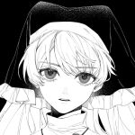  1girl black_background commentary_request expressionless frills hair_between_eyes haniyasushin_keiki headscarf highres long_hair looking_at_viewer monochrome mumirror13708 parted_lips portrait solo teeth touhou upper_teeth_only 