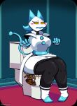5_fingers anthro black_bottomwear black_clothing black_pants blue_body blue_buttons blue_ears blue_fingers bottomwear bottomwear_down butt cheek_spots clothed clothing cord_tail darkner deltarune diarrhea empty_eyes english_text explosive_diarrhea feces feces_blowout feces_in_toilet felid feline female fingers floating_hands footwear glistening glistening_body hi_res machine mammal metal_clothing metallic_body multicolored_body pants pants_down partially_clothed pooping_in_toilet robot shoes sillynamie solo tasque_manager text toilet toilet_bowl toilet_lid toilet_seat toilet_use two_tone_body undertale_(series) white_body x-ray_view