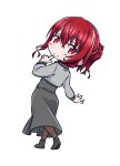  1girl ankle_boots asagi501 boots brown_pantyhose character_name chibi closed_mouth commentary_request corset finger_to_mouth from_behind full_body grey_boots grey_corset grey_shirt grey_skirt hand_up highres light_blush long_skirt long_sleeves looking_at_viewer looking_back original pantyhose ponytail red_eyes red_hair shirt short_ponytail sidelocks simple_background skirt smile solo split_mouth vrchat white_background 