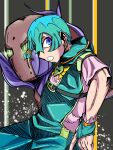  1boy absurdres aqua_bridal_gauntlets aqua_hair aqua_overalls belt bennjye blue_eyes blue_hair blue_lips braid commentary compound_eyes earrings english_commentary green_eyes grey_belt grey_hair hair_between_eyes hair_ornament hatching_(texture) heart_ornament highres hood hood_down hooded_overalls jewelry jodio_joestar jojo_no_kimyou_na_bouken long_bangs looking_at_viewer male_focus multicolored_hair november_rain_(stand) open_mouth overalls parted_bangs pink_shirt recolored shirt short_hair short_sleeves side_braid single_braid solo stand_(jojo) star_(symbol) star_hair_ornament the_jojolands two-tone_hair wing_ornament 