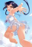  1girl :d ass bangs bare_shoulders barefoot black_hair blue_sky blush breasts brown_eyes cloud commentary_request day dress english_text feet from_behind highres jumping k-on! looking_back medium_breasts men&#039;youjan nakano_azusa ribbon shiny shiny_hair sky smile soles solo striped toes twintails white_dress 